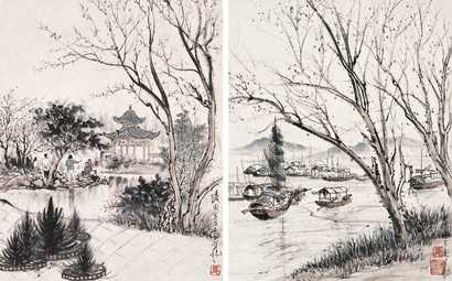 马慈航 风景（二幅） 立轴